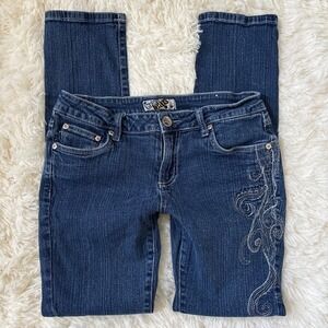 Crest Jeans Womens 7/8 Dark Wash Embroidered Straight Leg Stretch Denim Blue